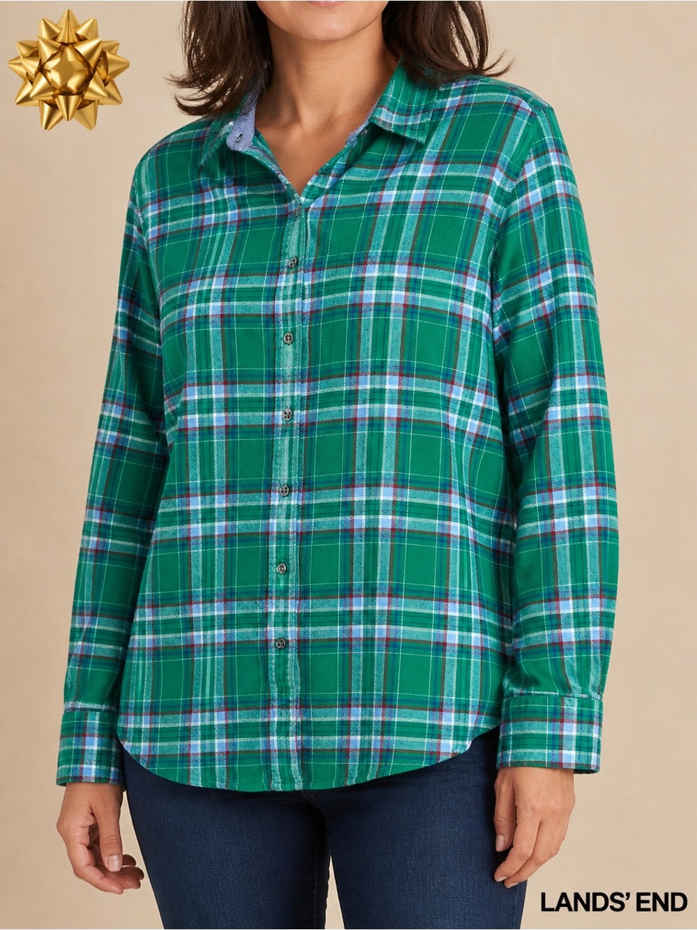 Lands’ End Green Plaid Flannel Shirt Women’s Large Petite 14–16